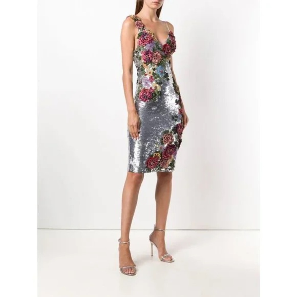 Alice & Olivia Floral Sequin Silver Dress